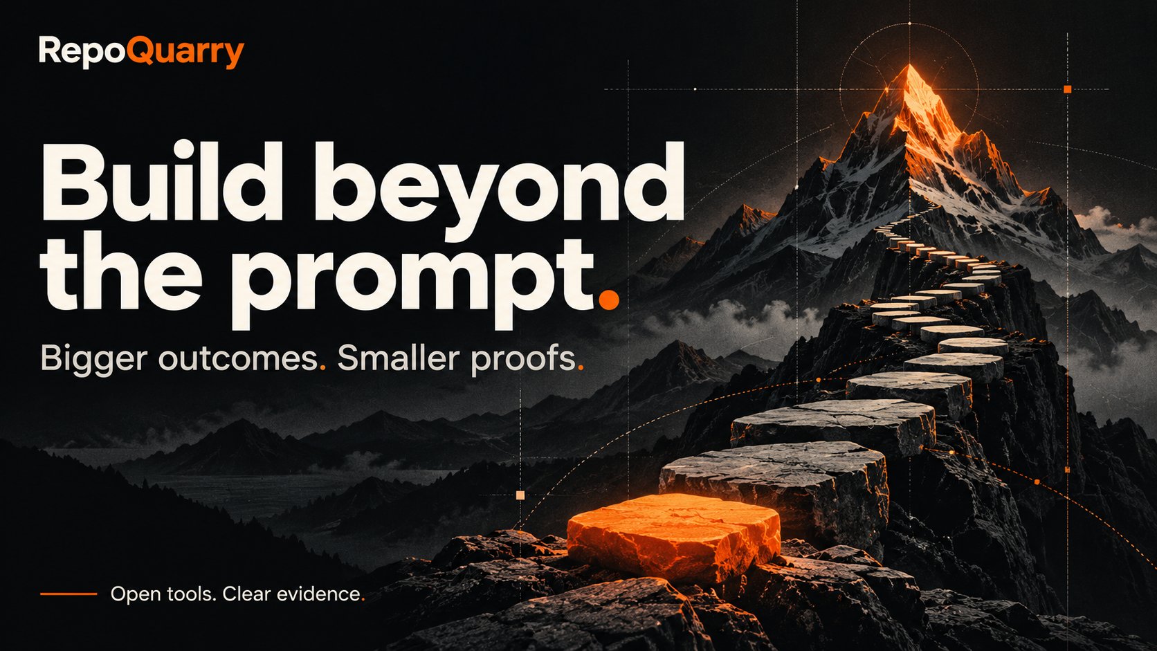 RepoQuarry: Build beyond the prompt. Bigger outcomes. Smaller proofs. Orange stepping stones climb towards a mountain summit. Original editorial artwork.