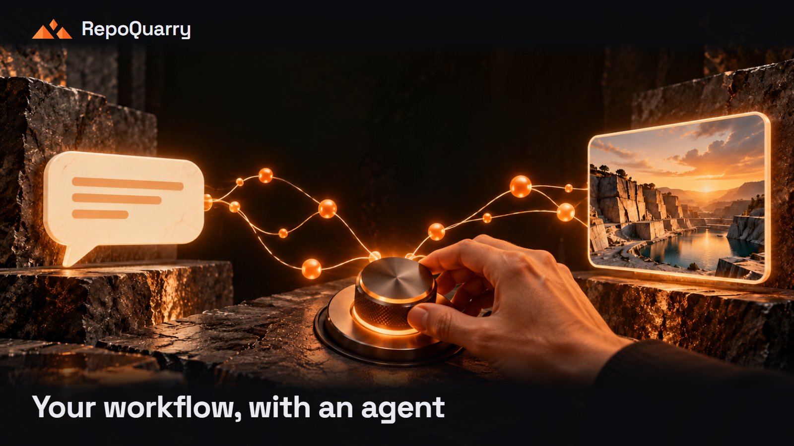 An orange node graph connects a speech bubble to creative artwork while a hand adjusts a control.