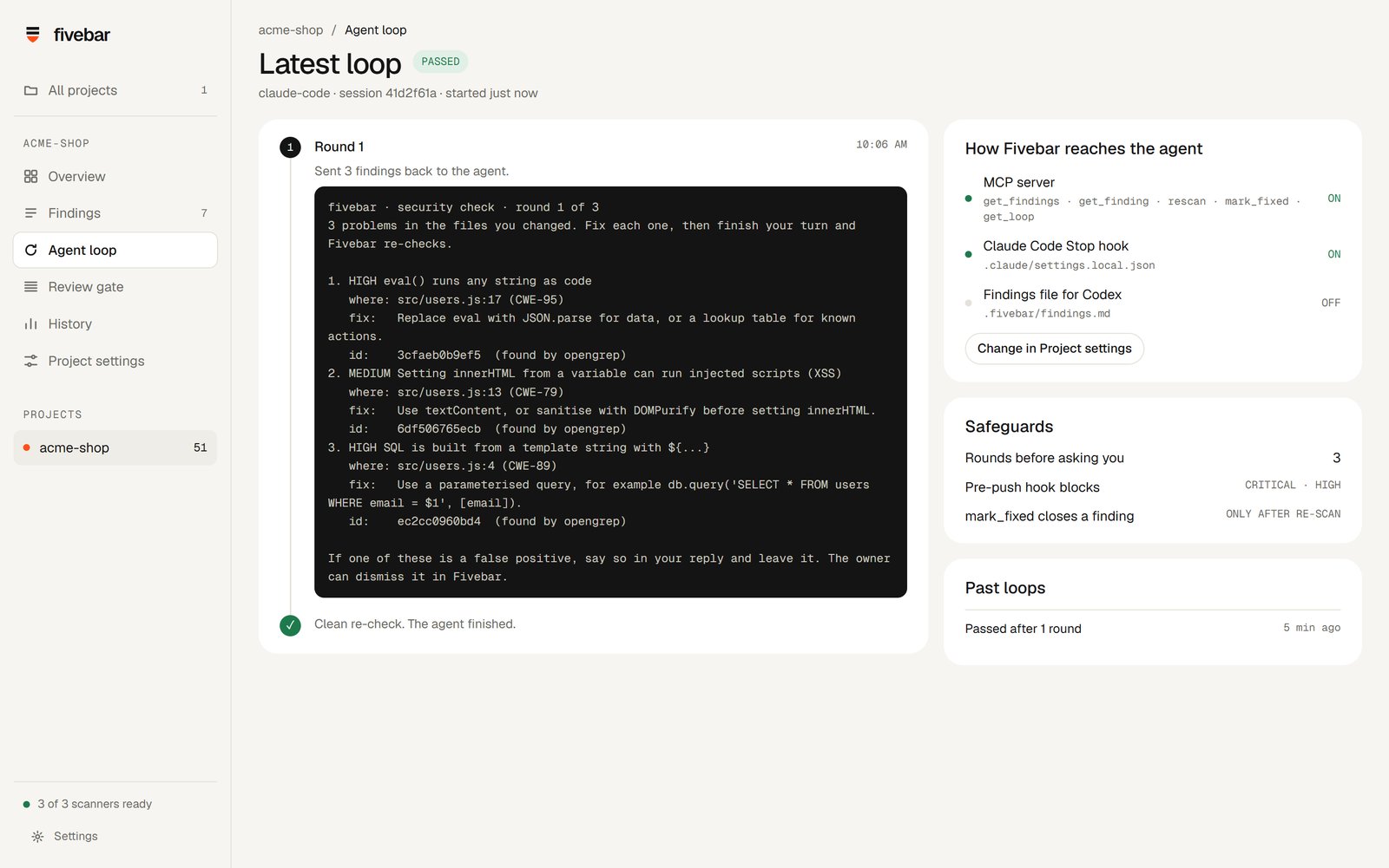 Fivebar's Agent loop page: round 1 sent three findings back to Claude Code, each with a file, line and fix, then a clean re-check.