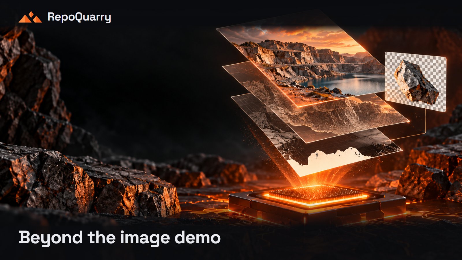 Layered poster sheets float above an orange graphics chip in a conceptual RepoQuarry illustration.
