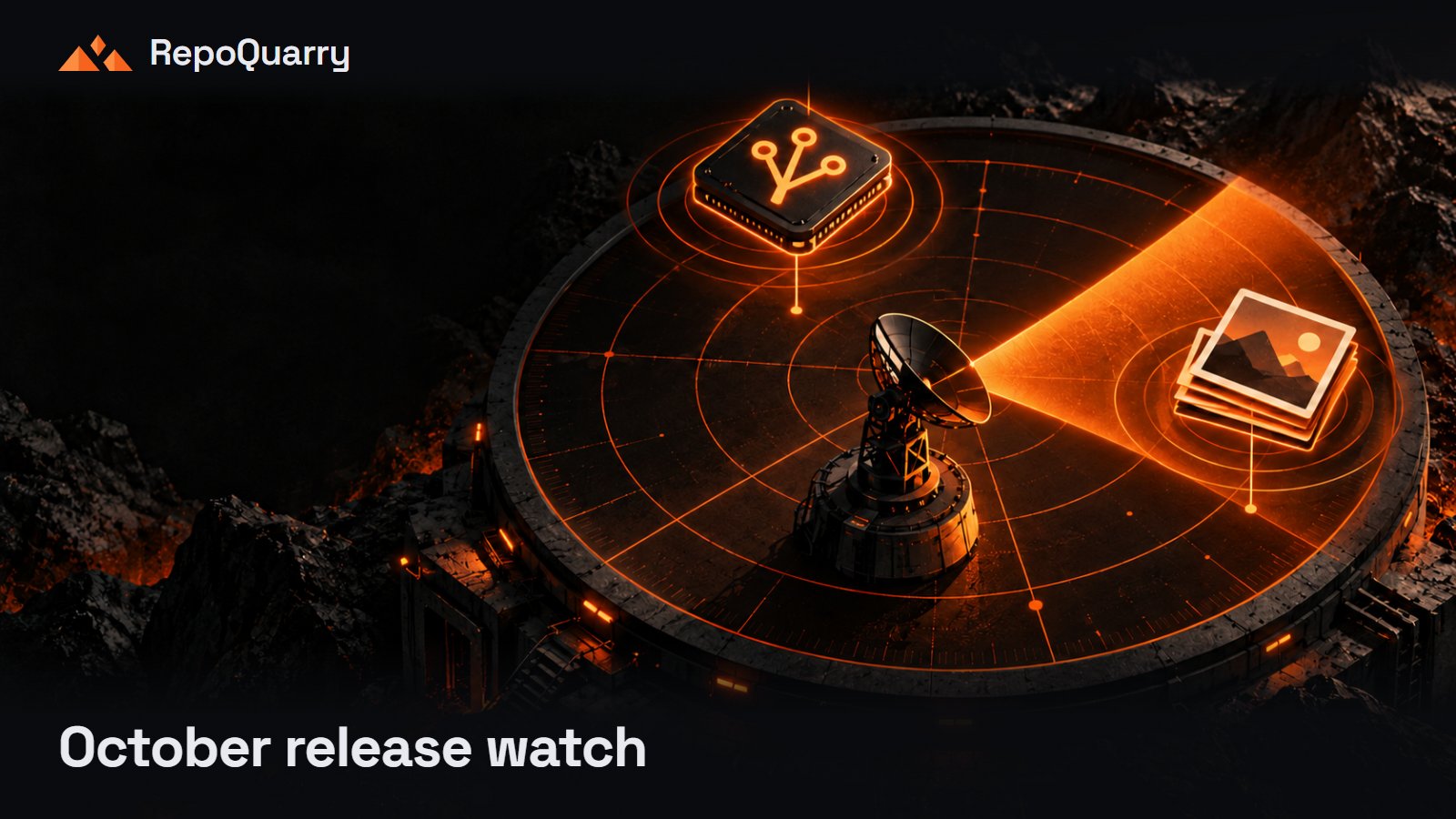 An orange release radar detects an AI decision chip and a stack of photos.