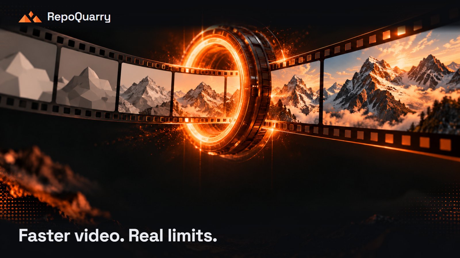 Conceptual film frames pass through an orange refining ring, becoming sharper mountain images.