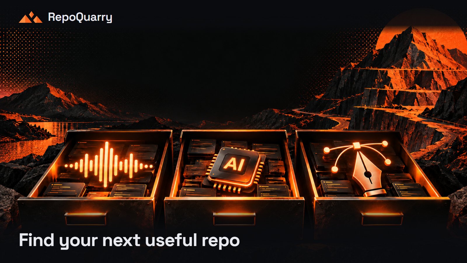 Three orange tool drawers representing local AI, transcription and interface design.
